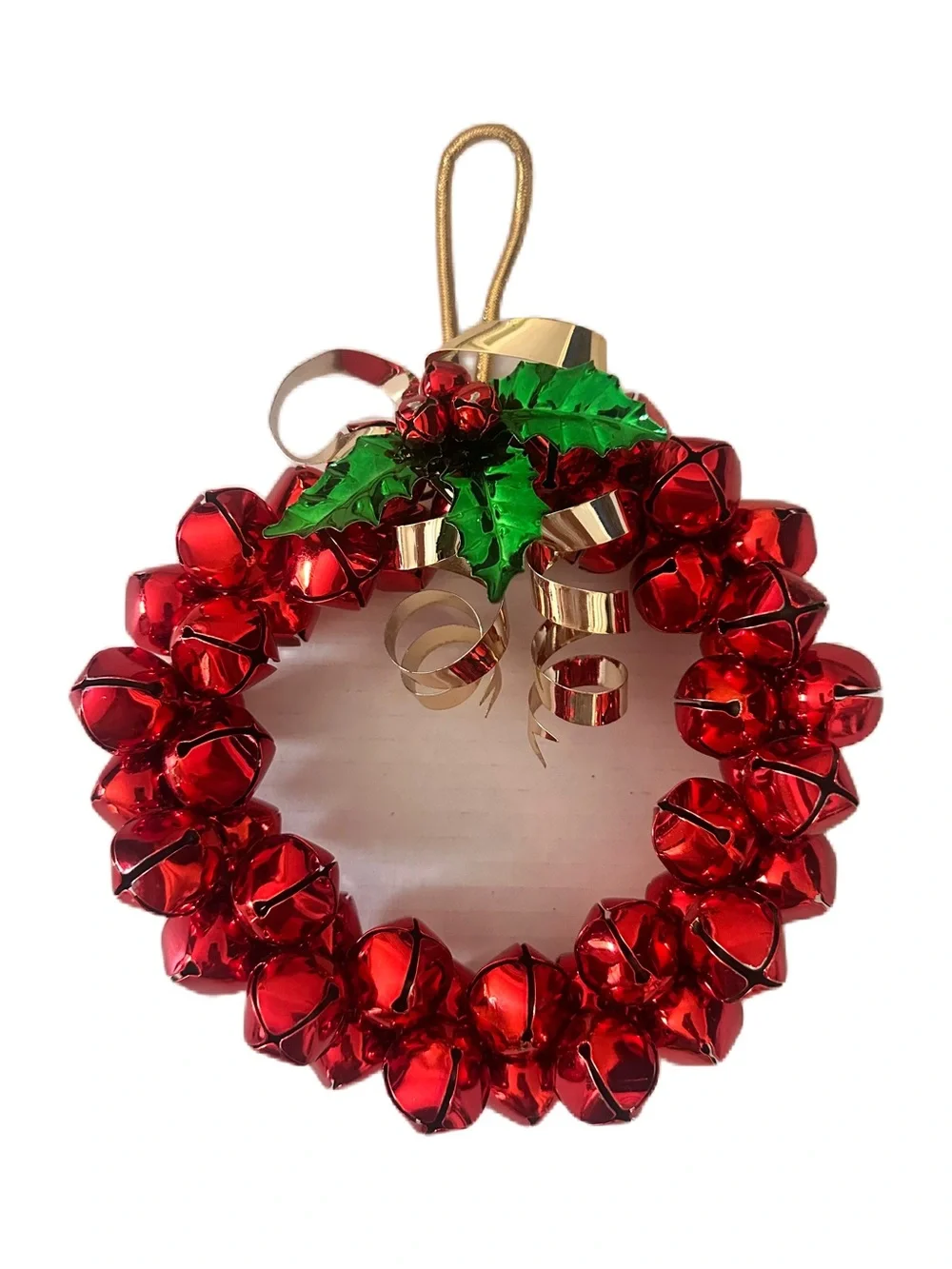 Vintage Red Jingle Bell Wreath Holiday Door Hanger Christmas Decor Holly Bells
